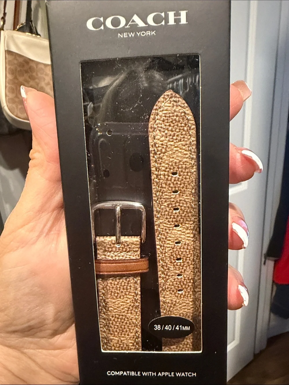 COACH Brown Textured Leather-Trim Apple Watch Band
